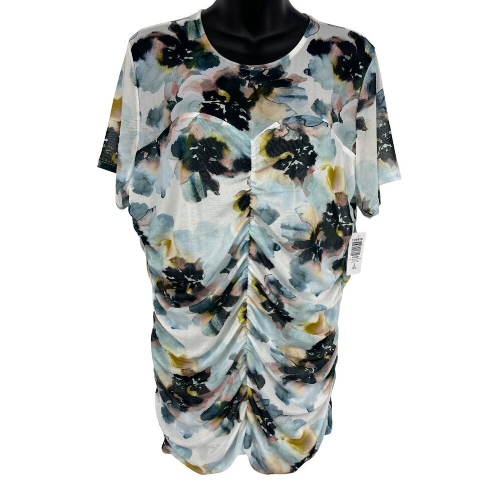 Torrid Top Blouse Plus 2X Blue Black Floral Short Sleeve Round Neck Women New